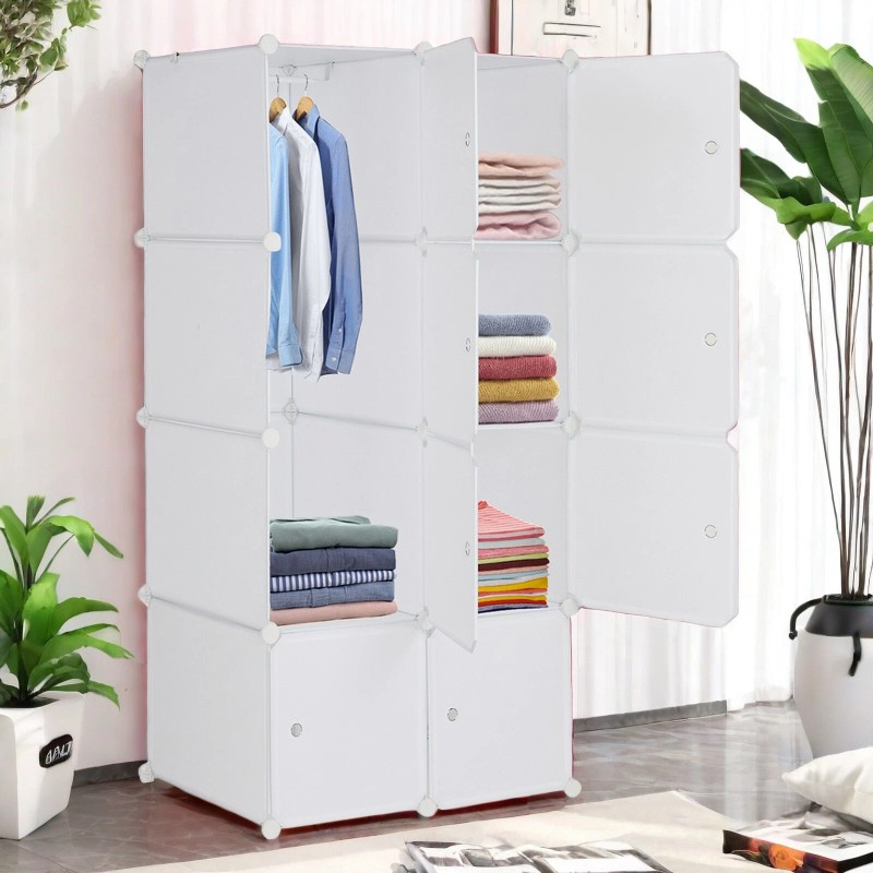 4-Tier Closet Storage Cabinet - White, 8-Cube, Hanging Rod &