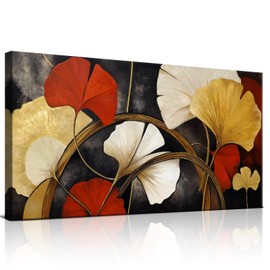 Floral Canvas Wall Art, Modern Elegant Abstract Art Painting with Ginkgo Leaves and Flowers Artwork Framed for Living Room Bedroom Dining Room Office Home Decor 48 x 24 inches,YS1505