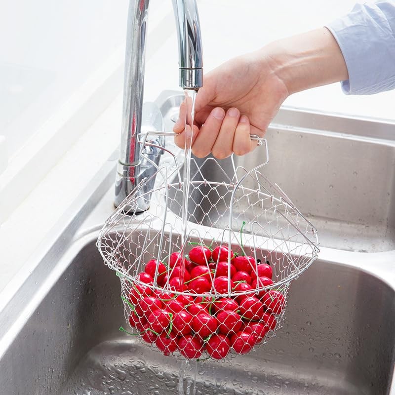 Foldable Stainless Steel Steam Fry Cooking Mesh Strainer – Versatile