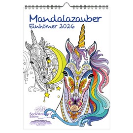 DIY Mandala Magic Unicorns Colouring Calendar DIN A4 Calendar for 2026 Mandala Drawing Painting Set 1 x Calendar, 1 x Christmas Pendant (2 Pieces)