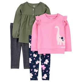 Simple Joys by Carter's Girls' 4-Piece Long-Sleeve Shirts and Pants Playwear Set, Black/Navy Floral/Olive/Pink Dinosaur, 5 Years