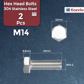 Kozelo 2 Pcs Hex Head Screws Bolts - [M14-2x45] 304 Stainless Steel Grade A2-70 Fully Threaded Hex Tap Metric Hexagon Head Machine Bolts Right Hand External Hex Drive, Silver