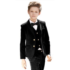 Yuanlu Boy Suits Kids Velvet Outfit Ring Bearer Dress Clothes Blazer Vest Pants Formal Slim Tuxedo Black Size 5