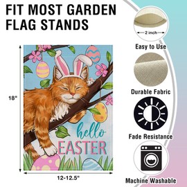 Artofy Hello Easter Orange Cat Small Decorative Garden Flag, Easter Eggs Tree Yard Lawn Outside Decor Pet Lover Gift, Spring Flowers Burlap Outdoor Home Decoration Double Sided 12 x 18
