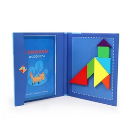 NIWWIN Wooden Magnetic Tangram Puzzle Game Travel Game Mental Exercise IQ Book with Solutions Educational Toy Kids Birthday Gifts for Children Aged (Blue)
