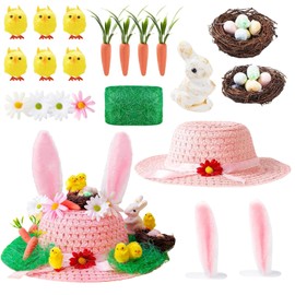 Easter Bonnet Kit, Easter Gifts for Kids, 31 Pcs Easter Gifts Includes Hat Carrots Rabbit Bird Nest Rabbit Ears Chicks Daisies Easter Egg, for Easter Decorations Crafts, DIY Activities for Boys Girls