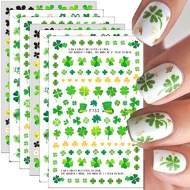St. Patrick's Day Nail Art Stickers 3D Self-Adhesive Luck of The Irish Nail Decals Shamrock Nail Stickers Four Leaf Clover Heart Nail Design Decals Green Nail Art Supplies for Women DIY Manicure 6Pcs