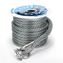 Línea de anclaje 3/8 pulgadas 15.24m. Cuerda de anclaje de barco gris de nailon trenzado doble MFP, con dedal de acero inoxidable y grillete, accesorios de línea de anclaje para anclas y cuerda marina