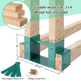 MOFEEZ Outdoor Firewood Log Storage Rack 2x4 Bracket Kit, Fireplace Wood Storage Holder, Adjustable to Any Length - Green, Two Bases