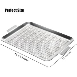 Nicunom 2 Pack BBQ Grill Topper Grilling Pans, Non-Stick Stainless Steel Grilling Tray with Holes, Barbecue Basket Outdoor Grill Accessories for Meat, Vegetables, Seafood, 10" x16.5"