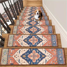 Lahome Stair Treads Non Slip 15 Pack 8" X 30" Stair Treads for Wooden Steps, Washable Self Adhesive Stair Runners Stain Resistant Stair Carpet, Edging Stair Rug for Kids, Elders and Dogs (15pc, Rust)