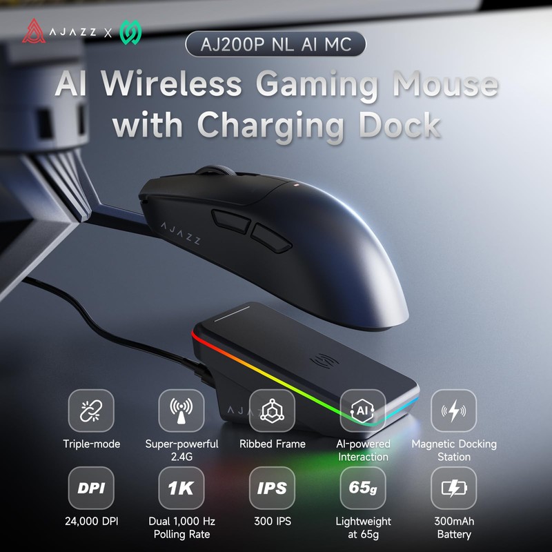 AJAZZ AJ200P Wireless Gaming Mouse, Tri-Mode Bluetooth/2.4G/Wired PC Mouse with