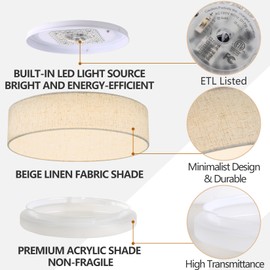 Bargeni Linen Flush Mount Ceiling Light, Dimmable LED Fabric Drum Shade