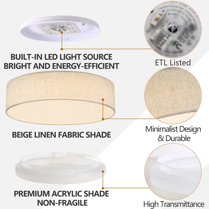 Bargeni Linen Flush Mount Ceiling Light, Dimmable LED Fabric Drum