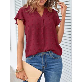 MEROKEETY Women Short Sleeve Notched V Neck Blouse Summer Casual Swiss Dot Boho Solid Top WineRed Large