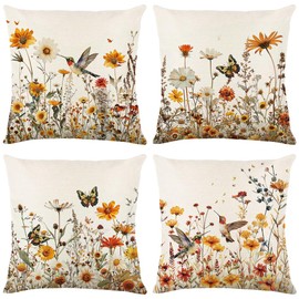wyooxoo Spring Pillow Covers 18x18 Set of 4 Farmhouse Summer Throw Pillow Covers Floral Decorative Cushion Cases for Sofa Couch Outdoor Bedroom