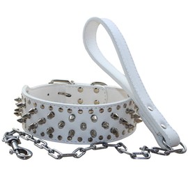 Haoyueer Studded Dog Collars Punk Spiked Rivet with Stainless Buckle Soft Leather Chain Leash Combo Set Heavy Duty Fit Pitbull, Bulldog, Doberman(White,XL)