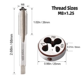 M8 x 1.25 Metric Thread Tap and Die Set, M8 x 1.25mm High-speed Steel Machine Tap Die Set Right Hand