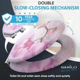 SANILO Wooden Toilet Seat with Soft Close [ROUND] - Decorative, Quiet & Slow Close Molded Wood Seat - With Strong Bumpers & Hinges - Adjustable Fit – Blooming
