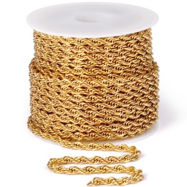 16.5 Feet 18K Gold PVD Plated Stainless Steel Rope Chain, 3mm Width 304 Stainless Steel Rope Chains Roll Bulk for Jewelry Making