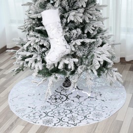 122 cm Christmas Tree Blanket, Christmas Tree Blanket with Christmas Stocking, Christmas Tree Skirt with Snowflake Pattern Christmas Blanket for Christmas, Holiday, Party (White)