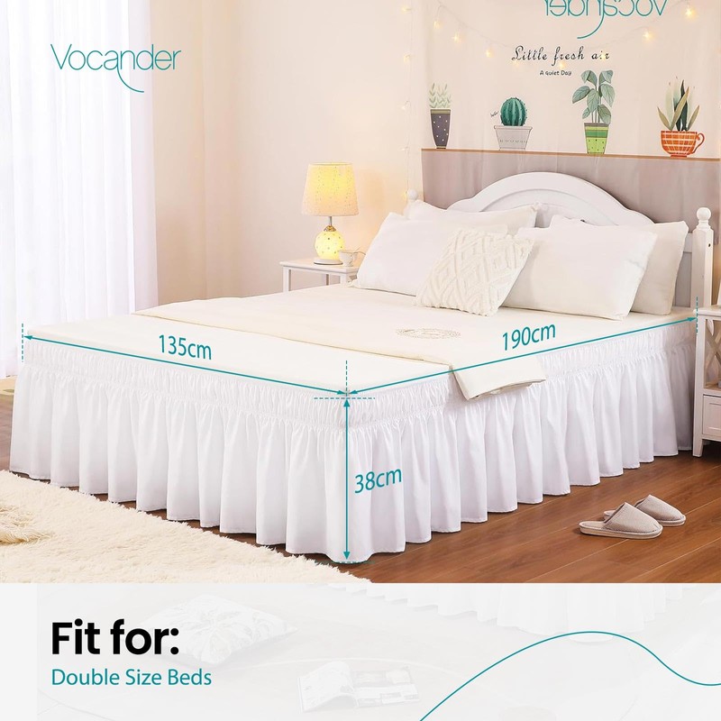 Vocander Double Bed Valance Sheet White, Bed Skirt Pleated Wrap