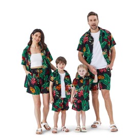 PATPAT Couples Matching Outfits for Family Dad and Son Black Tropical Plant Print Two Piece Sets Beach Vacation Comfy Summer Outfits Hawaiian Button Down Shirts for Women 2024 L