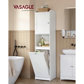 VASAGLE Tall Storage Cabinet, Storage Unit with Removable Laundry Basket, Compartment and Cabinet, for Bathroom, Living Room, 15.8 x 15.8 x 66.9 Inches, Cloud White UBBC761W01