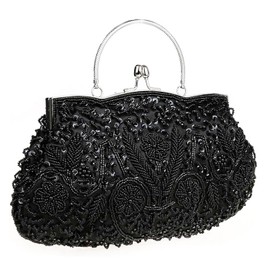 iToolai Satin Purse Evening Handbags Wedding Bag Beads Sequins Clutch (Black)