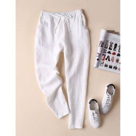 IXIMO Women's Tapered Pants 100% Linen Drawstring Back Elastic Waist Pants Trousers with Pockets White M