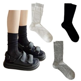 JK Home 3 Pair Set Women's Crew Length Socks, Thin, Knit, Breathable, Stylish, Commuting, Summer, Type B, Black, White, Gray, Type B Black + White + Gray, Free size