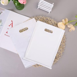 SJORHNUS 100 Pcs Merchandise Bags,8x11 Inch Small Plastic Shopping Bags for Small Business,Retail Shopping Totes Bulk for Boutiques,Small Gift Bags with Handles (White)