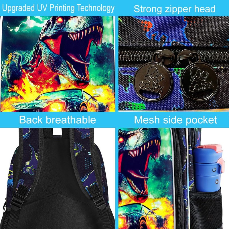 KLFVB 3PCS Dinosaur Bookbag for Boys Set, Water Resistant 16