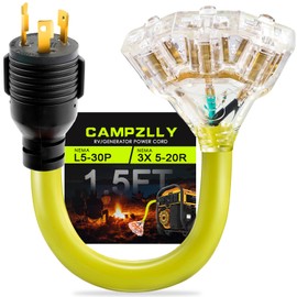 Campzlly 30 Amp to 20 Amp 110 Generator RV Adapter Cord, NEMA L5-30P to 3X 5-15R/5-20R Distribution Adapter with Lighted Power Indicator, STW 10 AGW, 1.5FT, ETL Listed