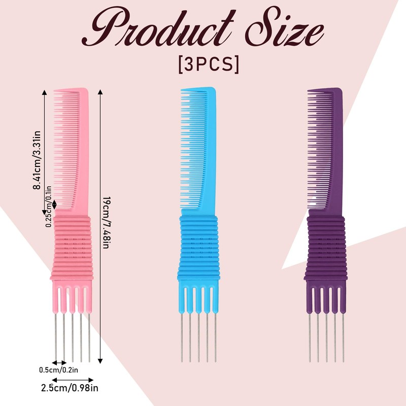 3 Pack Lift Teasing Combs with Metal Prong Salon Teasing