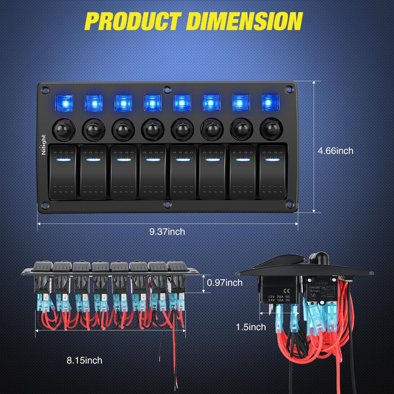 Nilight 8 Gang Rocker Switch Panel Waterproof Pre-Wired Marine with