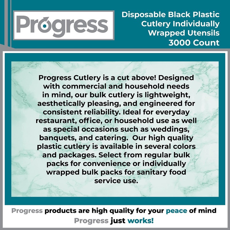 Progress Plastic Cutlery individually wrapped utensils, Heavy Weight black disposable