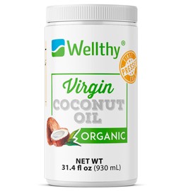 Wellthy Aceite de Coco Extra Virgen 930ml Certificado Orgánico. Libre de Químicos, Raw, Vegan, Gluten Free, USDA Organic, Primer Prensado en Frío, No requiere refrigeración, Resiste Altas Temperaturas.