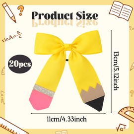 20PCS Back to School Hair Bows for Girls Pencil Cheer Hair Bow with Ponytail Holder Elastic Band Handmade for Kindergarten Women Teacher Hair Accessories Outfits（Pencil Yellow）