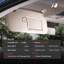 A-Premium Left & Right Sun Visor with Mirror - Compatible with Nissan Altima 2013 2014 2015 2016 2017 2018, Driver & Passenger Side, with Light, with Sliding Sun Visor Extension, with card saver, Gray
