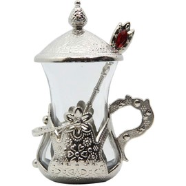 Alisveristime (SET OF 6) Handmade Turkish Tea Water Zamzam Serving Set Glasses Saucer (Silver)