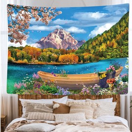Ulticool - Landscape Trees Lake Mountains Boat - Tapestry - 200x150 cm - Large Tapestry - Poster Ornament - Decoration - Wallpaper - Canvas - Painting - Accessories Room Divider - Green Blue White