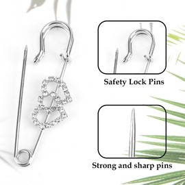 Rhinestone Brooch Pins 5PCS,Safety Pins for Clothes,Brooch Pins for Women,Pins for Bags,Decorative Pins,Large Safety Pins,Fancy Safety Pins for Clothes,Shawl,Scarf,Shirt,Hijab,Hat (Double Heart)
