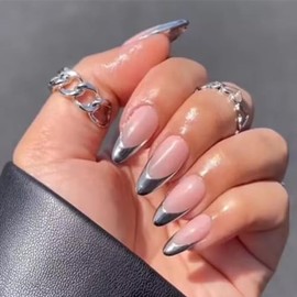 Uñas Francesas Plateadas, Uñas Almendradas Medianas, Uñas Francesas Adhesivas Para Mujer, Uñas Acrílicas Francesas De Gel, Uñas Postizas Francesas Med