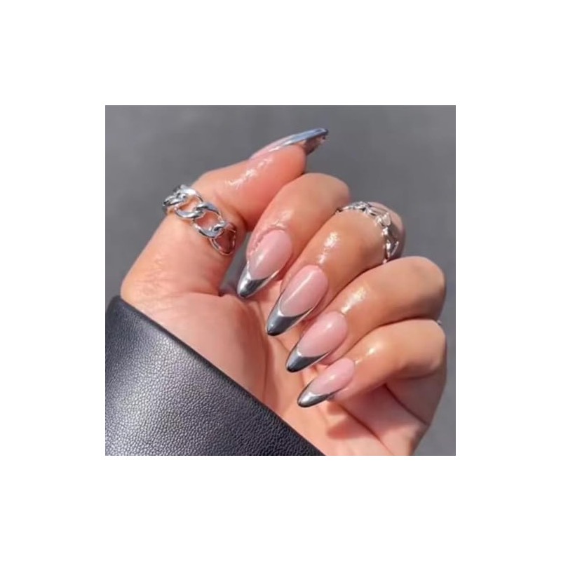 Uñas Francesas Plateadas, Uñas Almendradas Medianas, Uñas Francesas Adhesivas Para