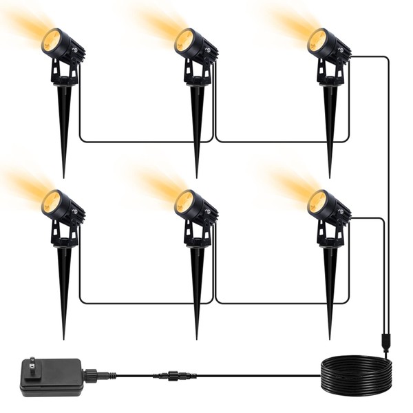 VOLISUN 6 Pack Outdoor Uplights Landscape Lighting with Transformer,131.2ft Cable IP65 Waterproof 12V Landscape Spotlights with Stakes (Metal Material) Outdoor Uplights for House,Flags,Warm White