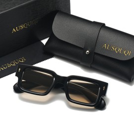 AUSQUQI Square Frame Vintage Tea Sunglasses for Women Men Trendy Chunky Rectangle Rivet Design Black Sun Glasses Shades UV400 Protection(BLACK/TEA)