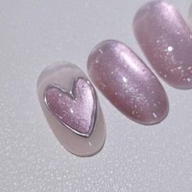 Heart Magnet Handmade Nail Tip Magnetic Nail Silver Heart Ribbon Parts - Round Short / 하트마그넷 수제네일팁 자석네일 실버하트 리본파츠 - 라운드숏