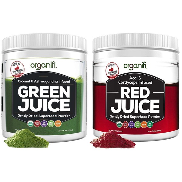 Organifi Green Juice and Red Juice Bundle - 30 Day Supply - Delicious, Refreshing Organic Superfood Supplement Powder with Antioxidants for Energy and Stress Relief Support - No GMO, Gluten, or Soy