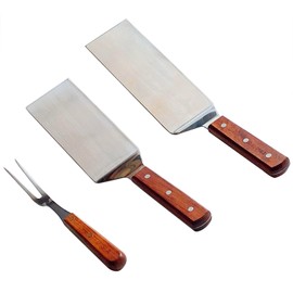 Sunrise Kitchen Supply Stainless Steel Turner Spatula & Meat Fork with Wood Handle (10.75"Fork+One6"x3"+One7.5"x3"Spatulas)